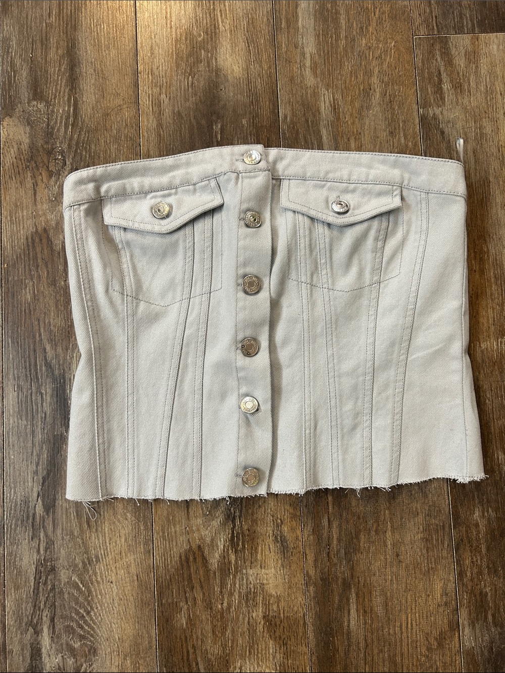 Denim Crop Button-Front Strapless Top Light Blue Denim
